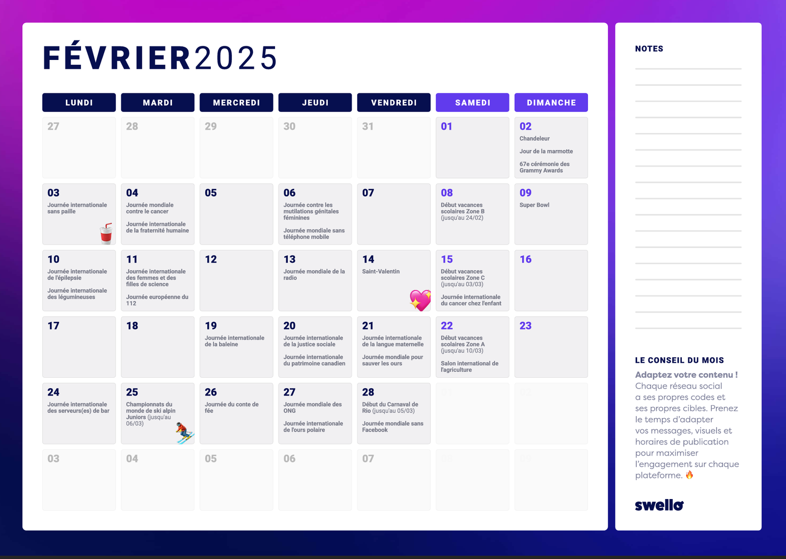 Calendrier Swello – Février