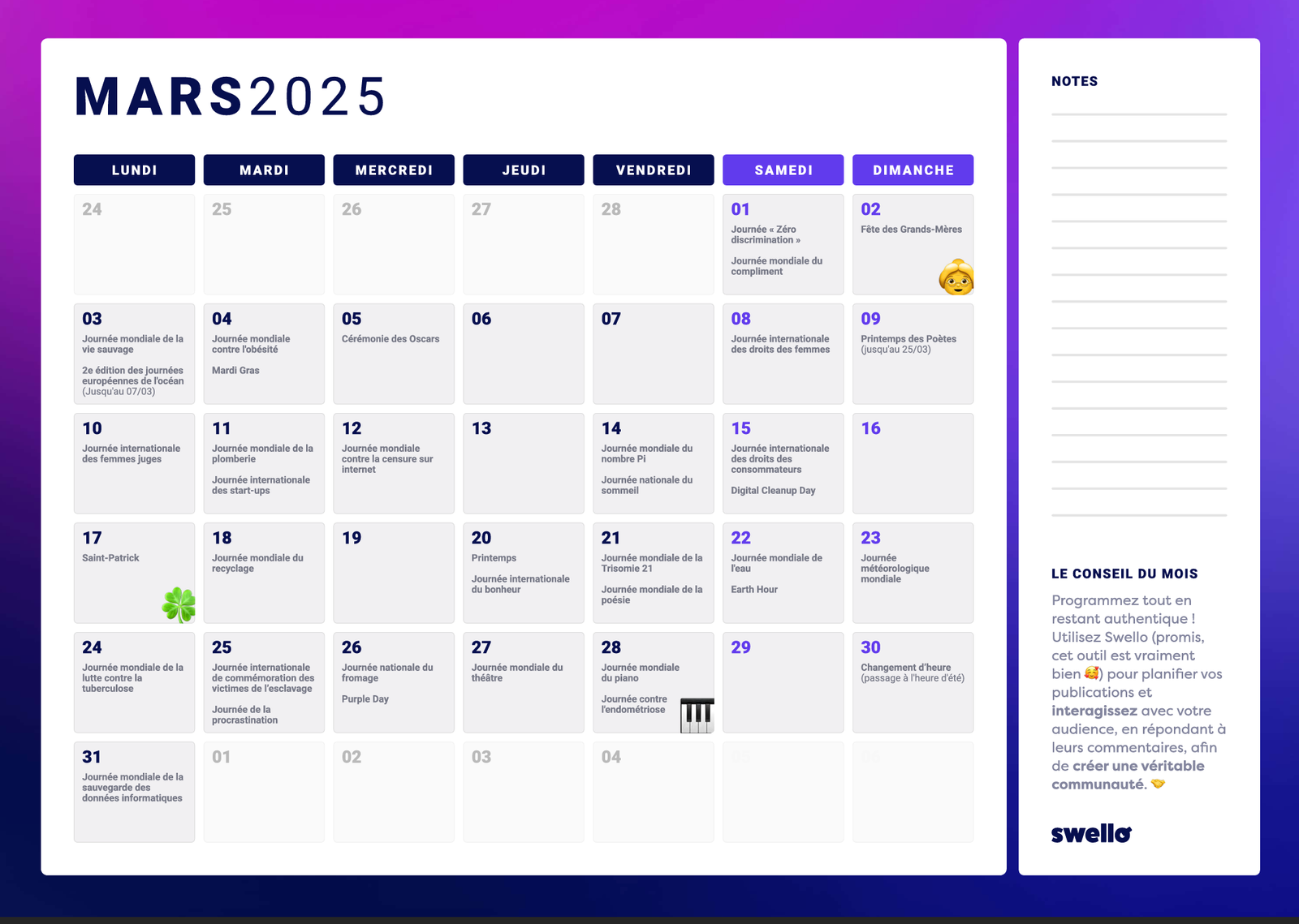Calendrier Swello – Mars